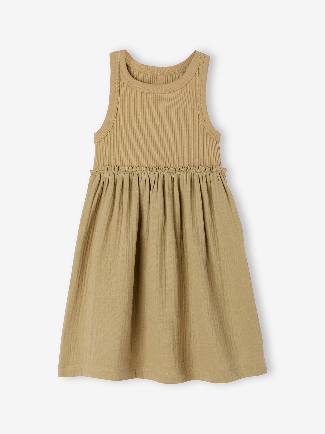 Vertbaudet Ärmelloses Kleid Mit Materialmix Mädchen Khaki 146/152