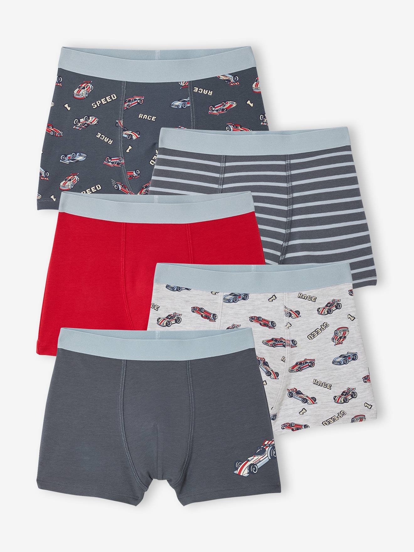 5er-Pack Boxershorts mit F1-Auto-Motiv, Jungen, Bio-Baumwolle grau Gr. 128 von vertbaudet