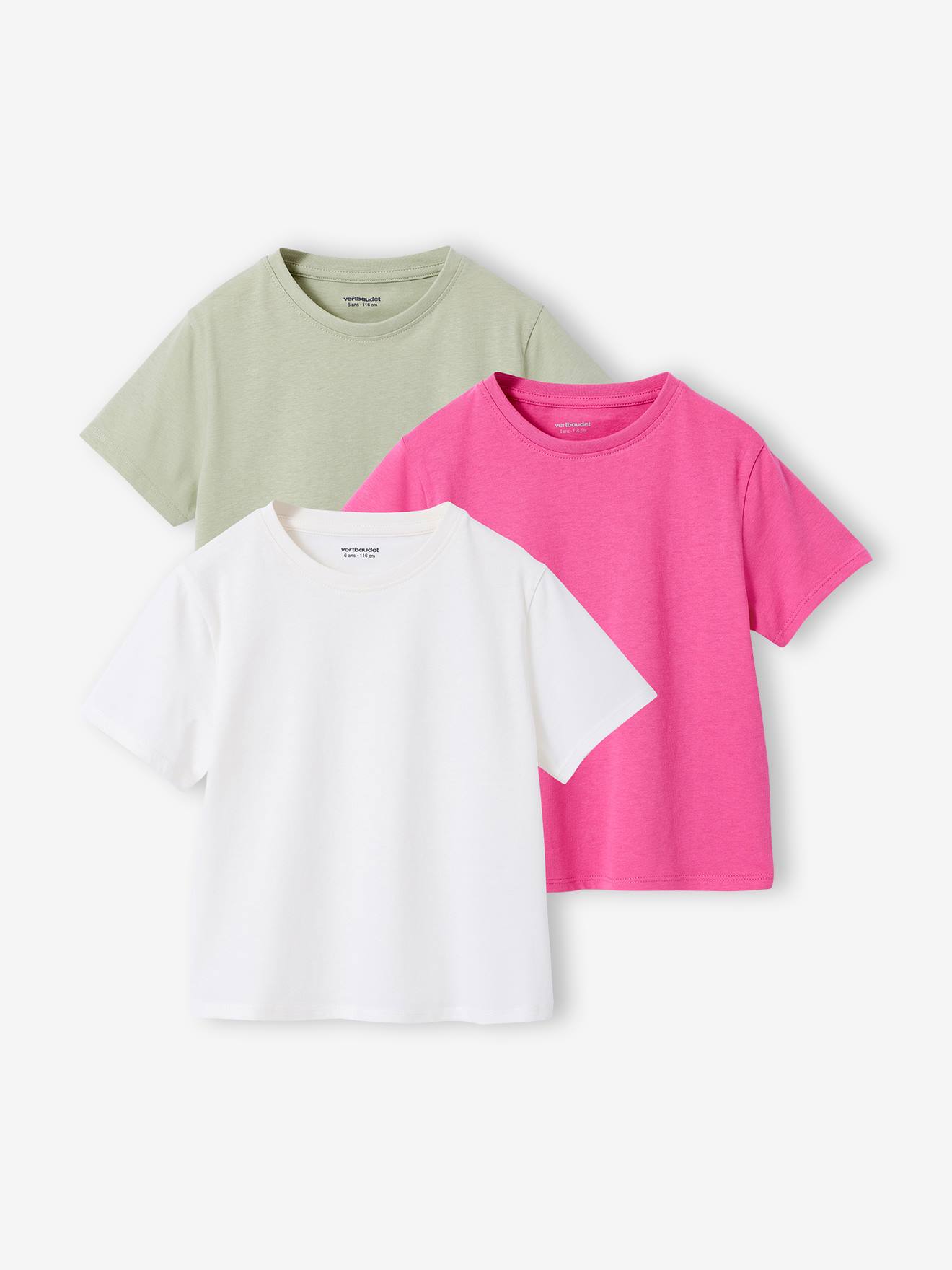 3er-Pack T-Shirts Mädchen BASIC weiß/fuchsia/khaki Gr. 140 von vertbaudet