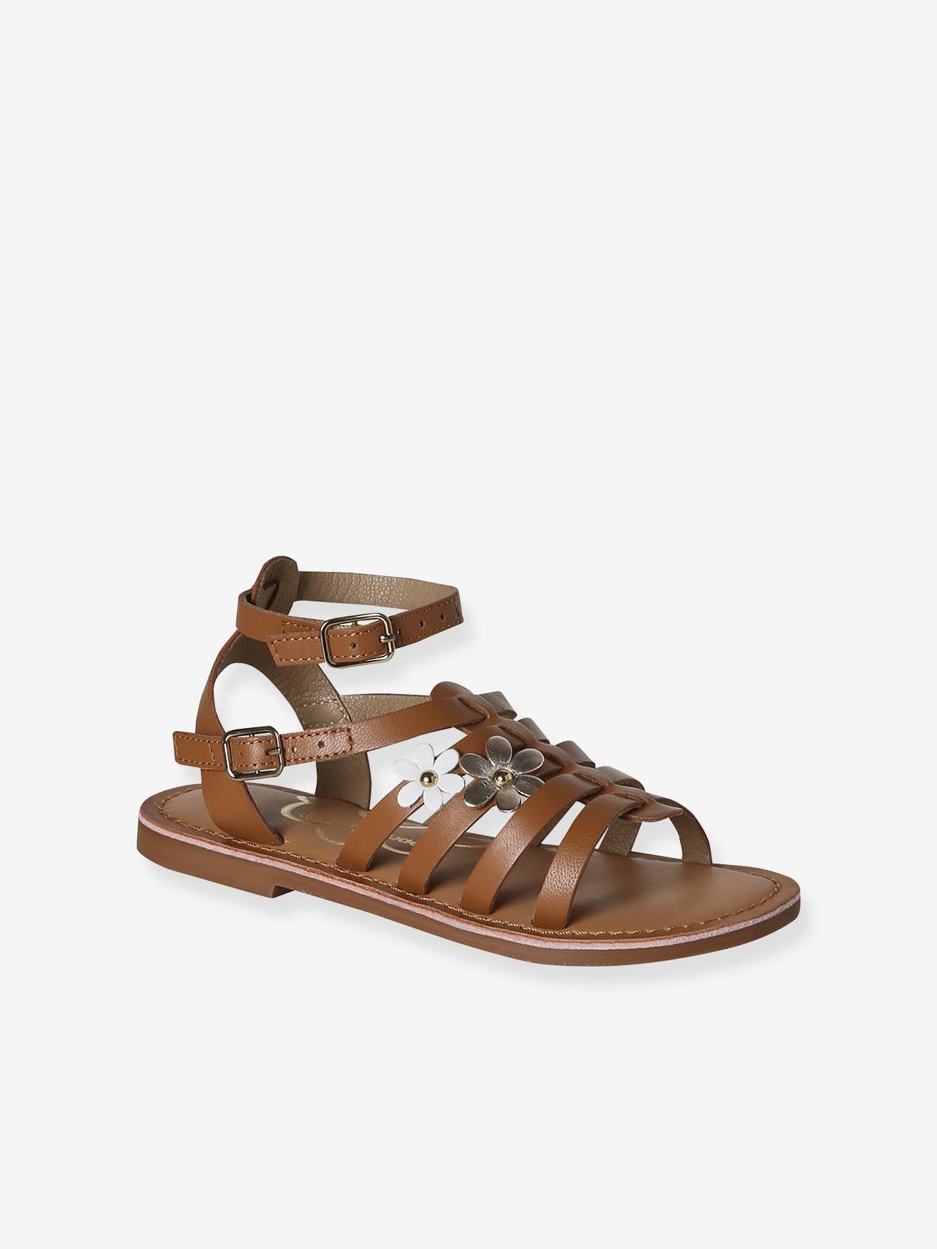 Römersandalen Mädchen Leder mit Schnallen camel