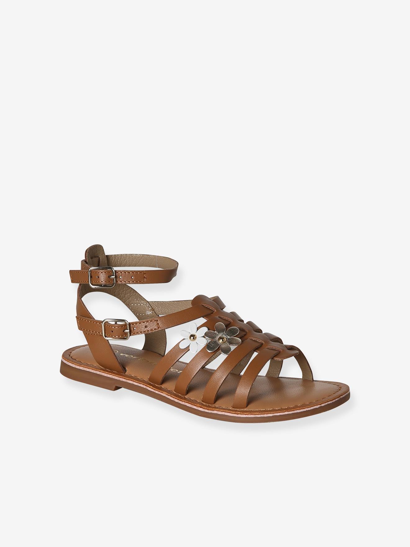 Römersandalen mit Schnallen Mädchen Leder camel