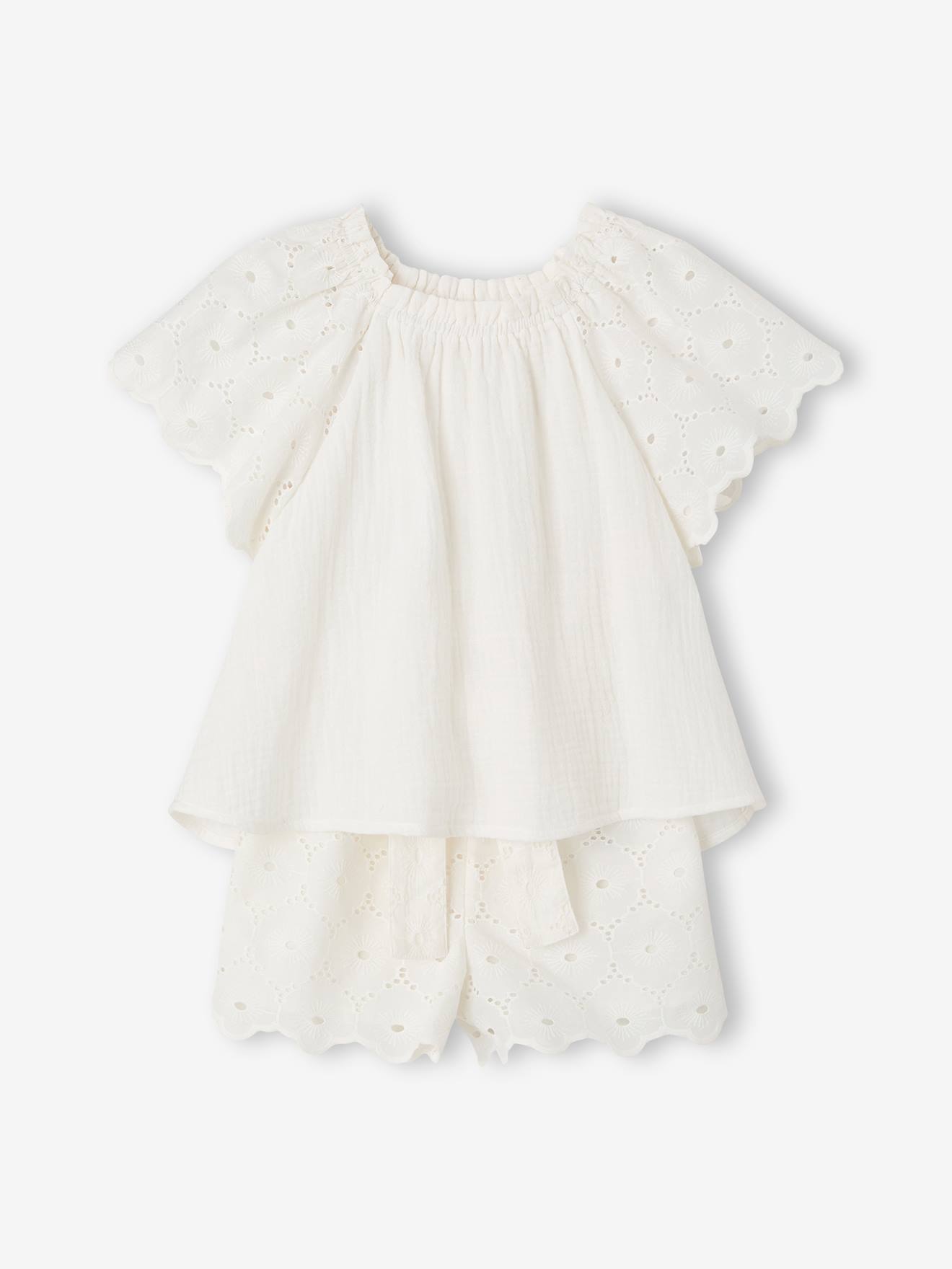 Festlicher Mädchen Top & Shorts aus Musselin, Lochstickerei weiß Gr. 116 von vertbaudet