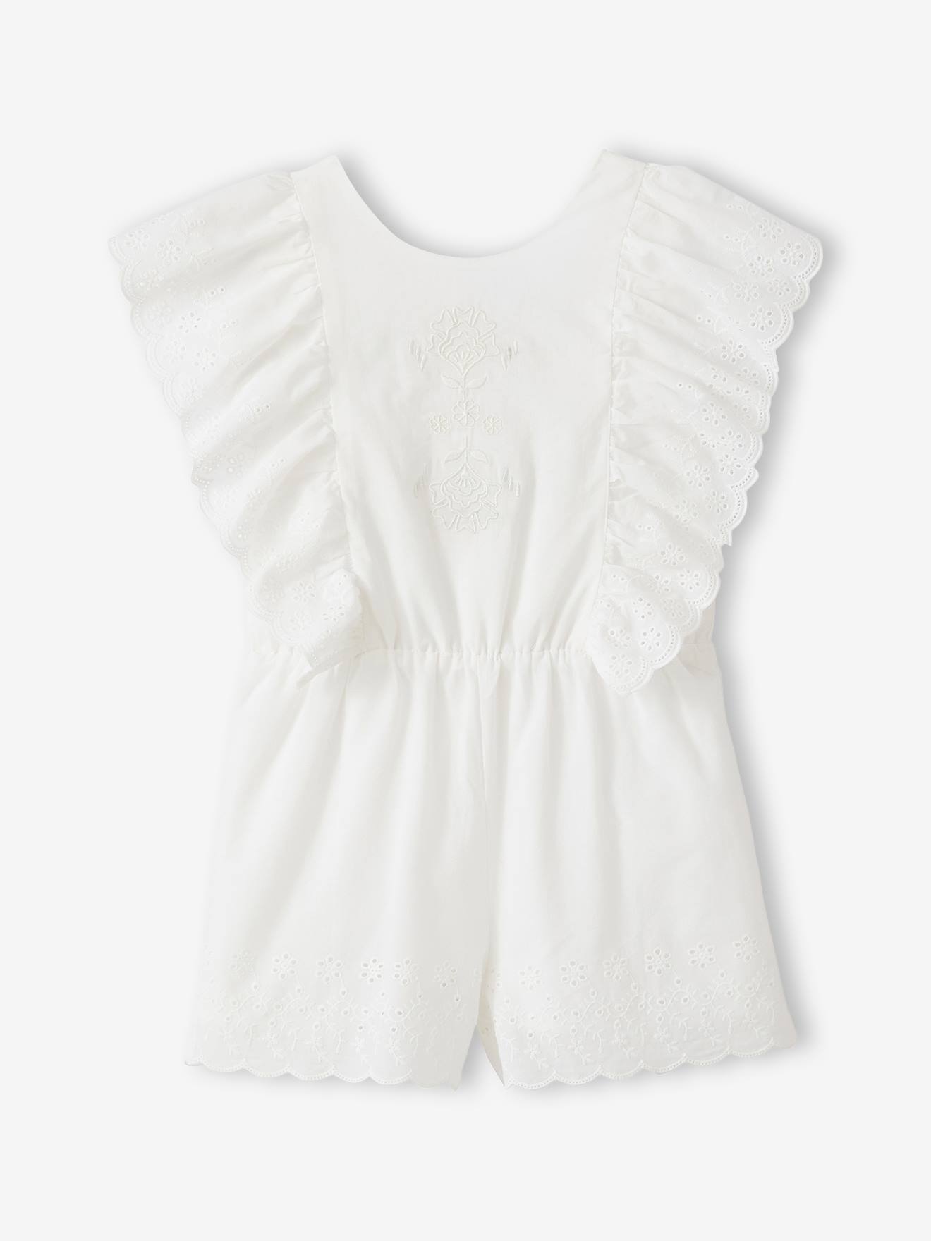 Vertbaudet Kurzer Mädchen Jumpsuit Mit Stickerei Und Volants Weiß 146/152