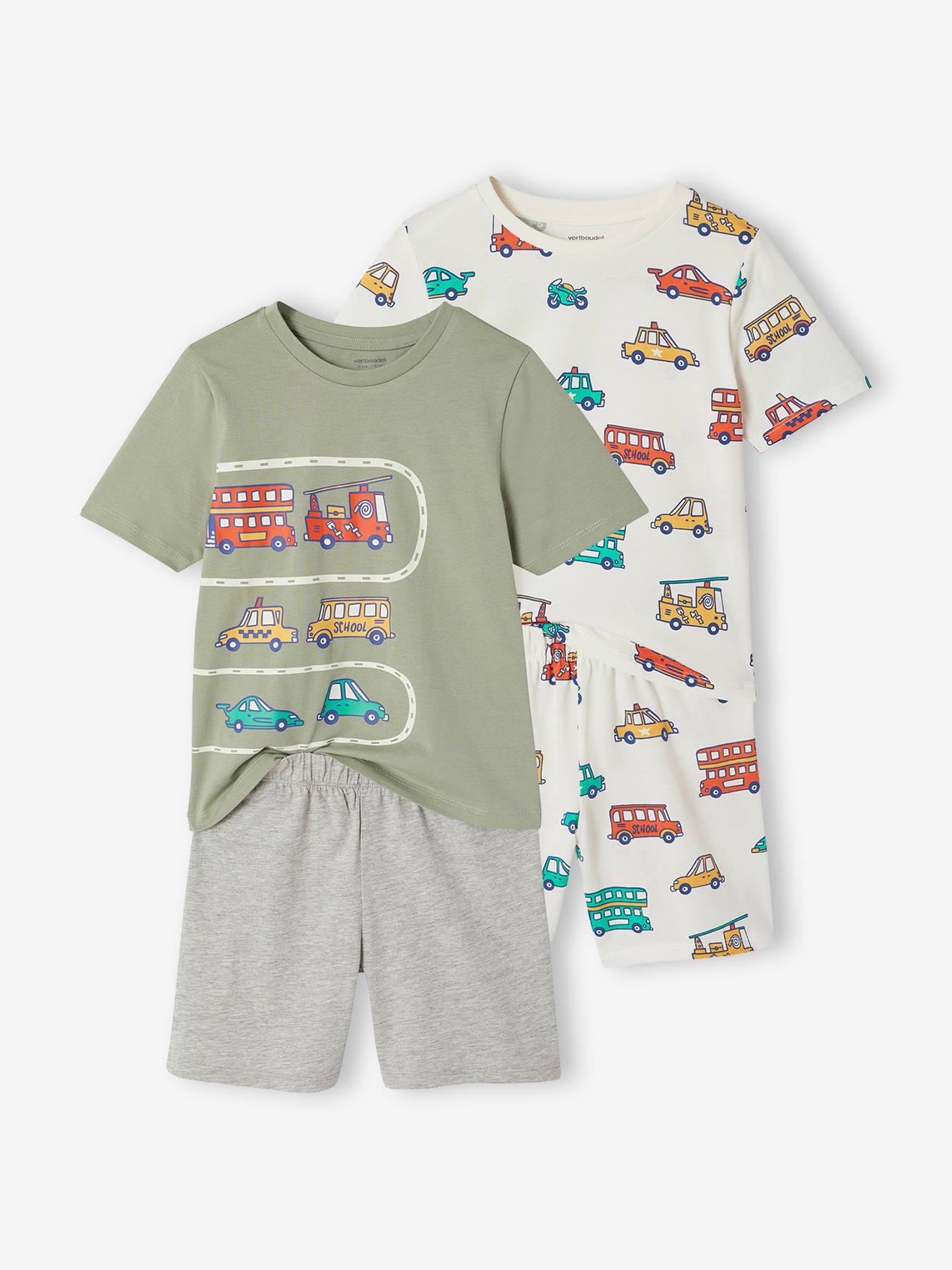 2er-Pack kurze Schlafanzüge mit Fahrzeug-Print Jungen salbei
