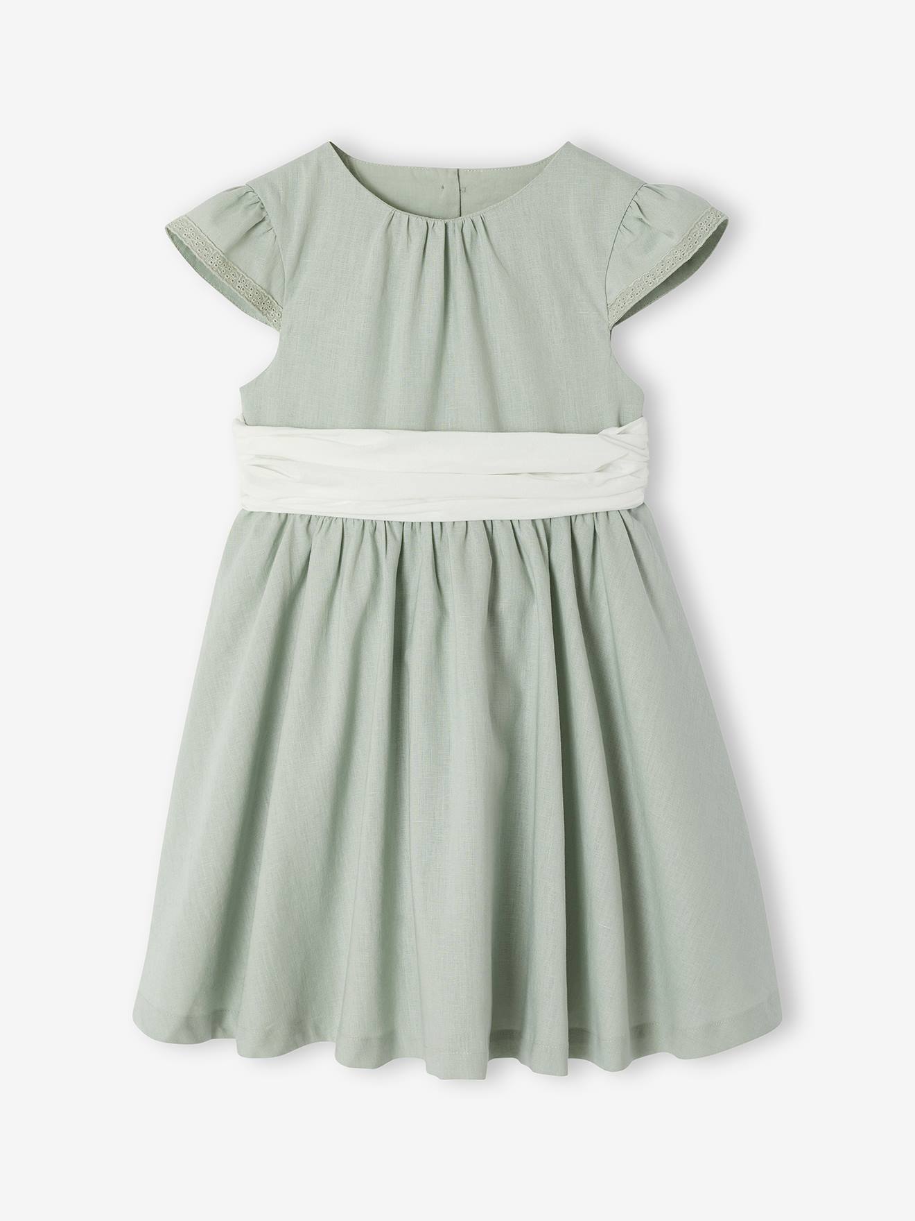 Vertbaudet Festliches Kleid Mit Schleife Baumwoll-Leinen-Mix Mädchen Salbei Salbeigrün Größe 158