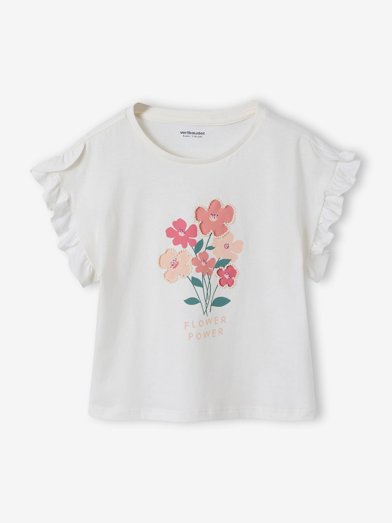 Vertbaudet T-Shirt Mit Kurzen Volantärmeln Mädchen Wollweiß 146/152