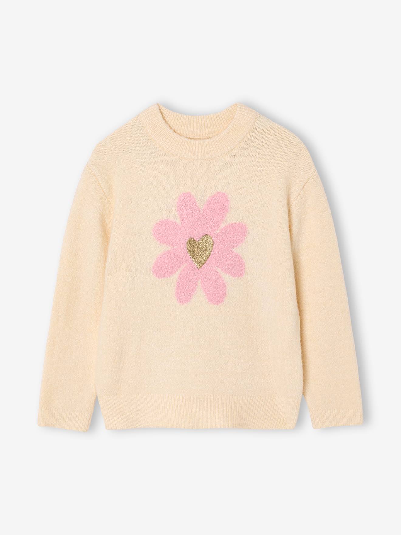 Pullover mit Blumenmotiv mit gesticktem Herz Mädchen vanille