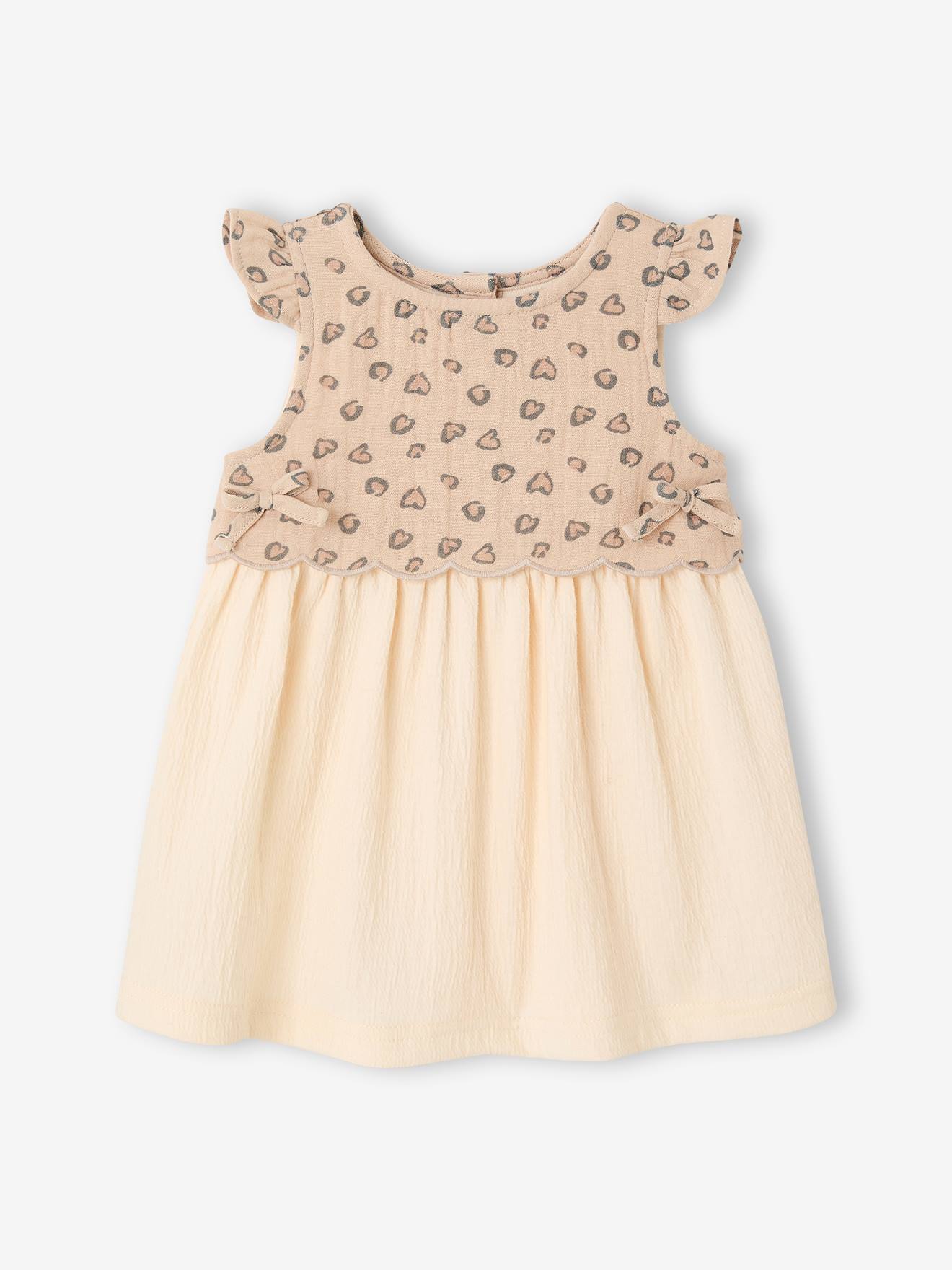 Baby Kleid, Materialmix aus Leo-Musselin & Crinkle-Jersey vanille Gr. 74 von vertbaudet