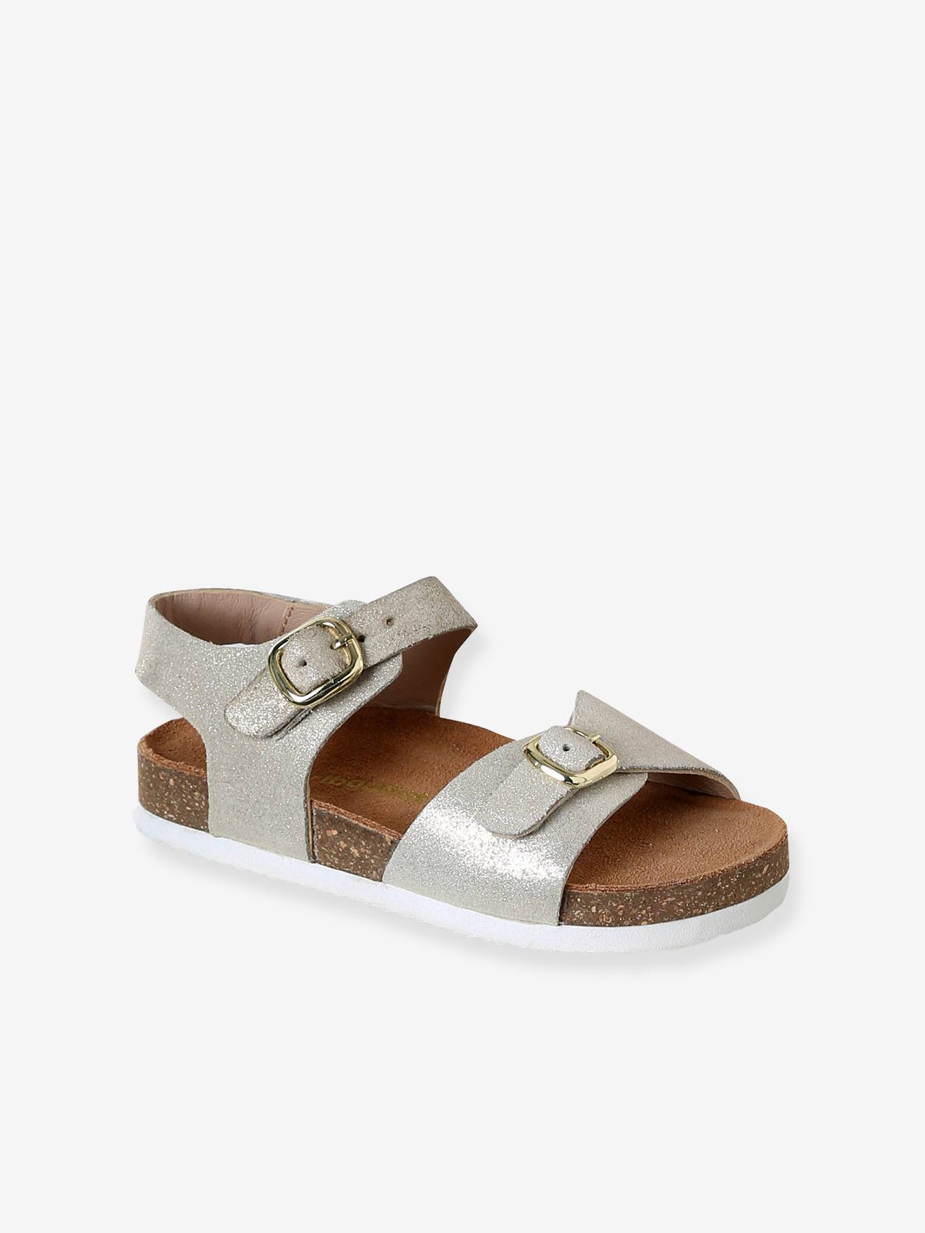 Kinder Leder-Sandalen mit 2 verstellbaren Riemen, Metallic-Effekt gold Gr. 24 von vertbaudet