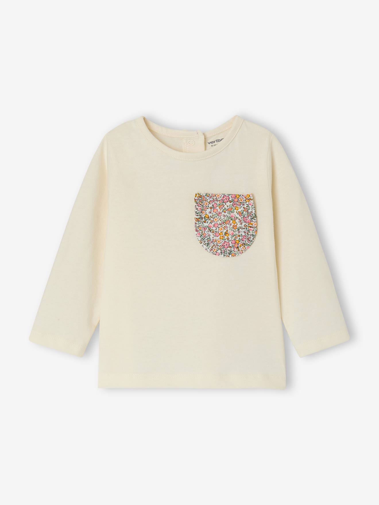 Baby Langarmshirt mit Brusttasche Mädchen, Bio-Baumwolle wollweiß Gr. 68 von vertbaudet