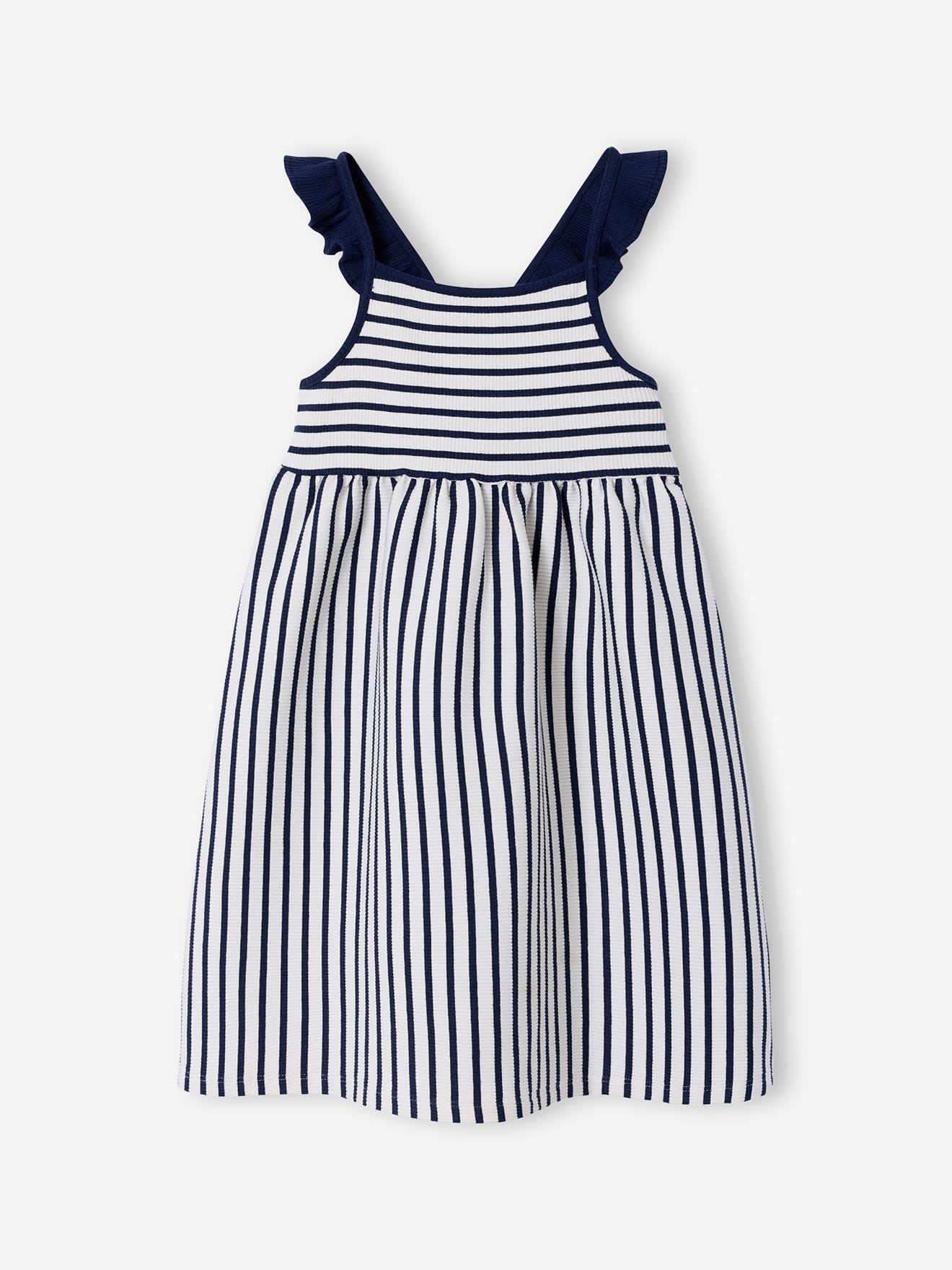 Mädchen Kleid mit Volant-Trägern aus Rippjersey weiß/blau Gr. 116 von vertbaudet