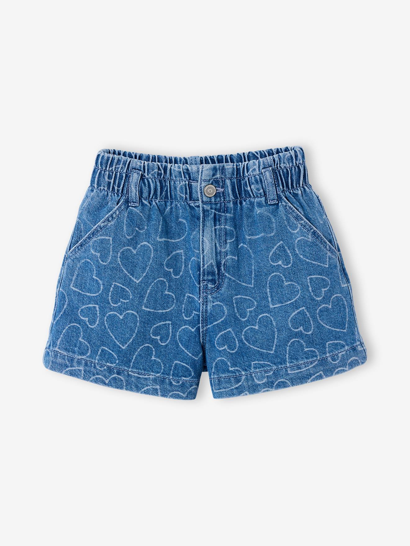 Jeansshorts mit Print Mädchen, Bundweite verstellbar blau herzen Gr. 110 von vertbaudet