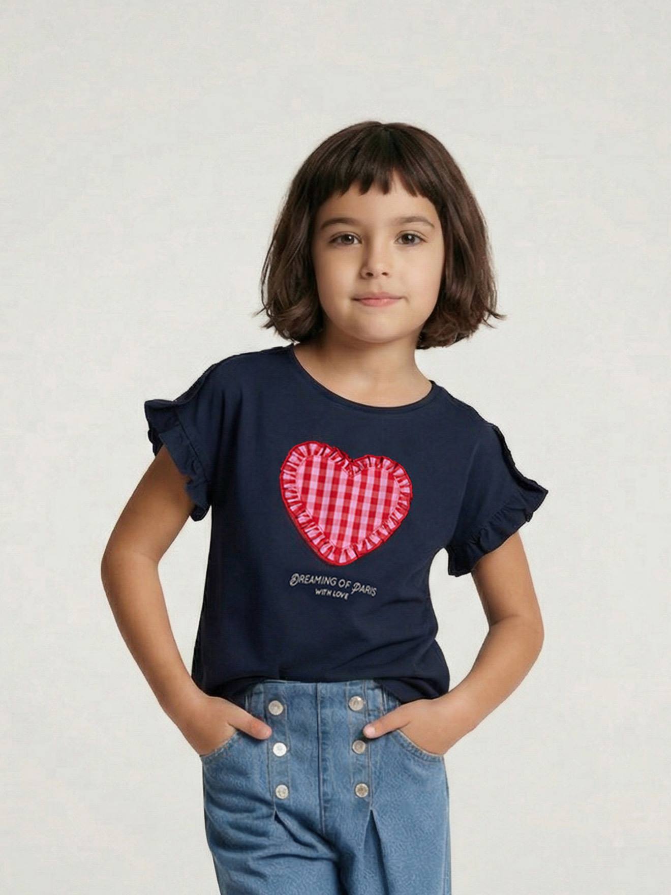 Vertbaudet T-Shirt Mit Kurzen Volantärmeln Mädchen Marine 146/152