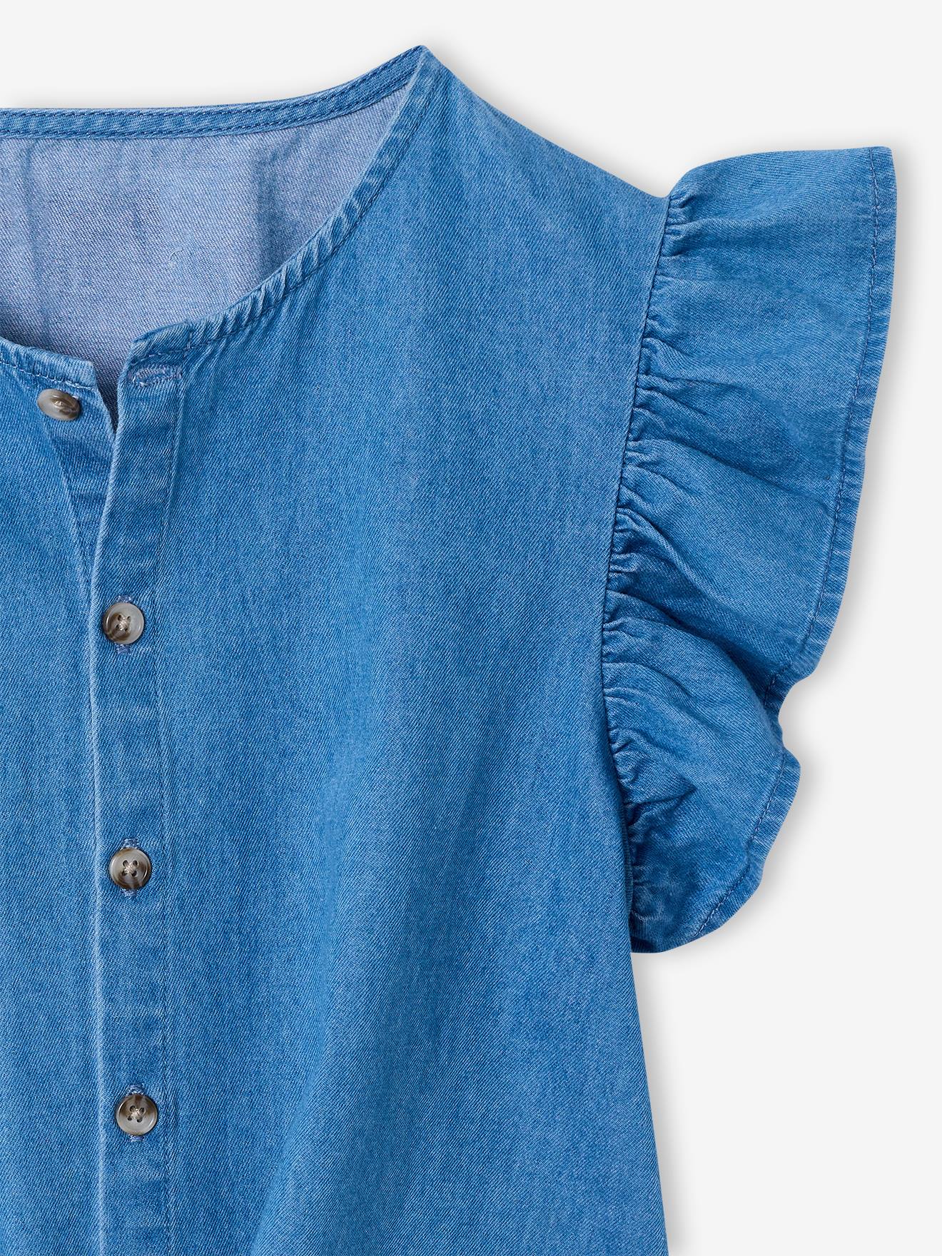 Thumbnail - Mädchen Jeansbluse zum Binden mit Volantärmeln helles