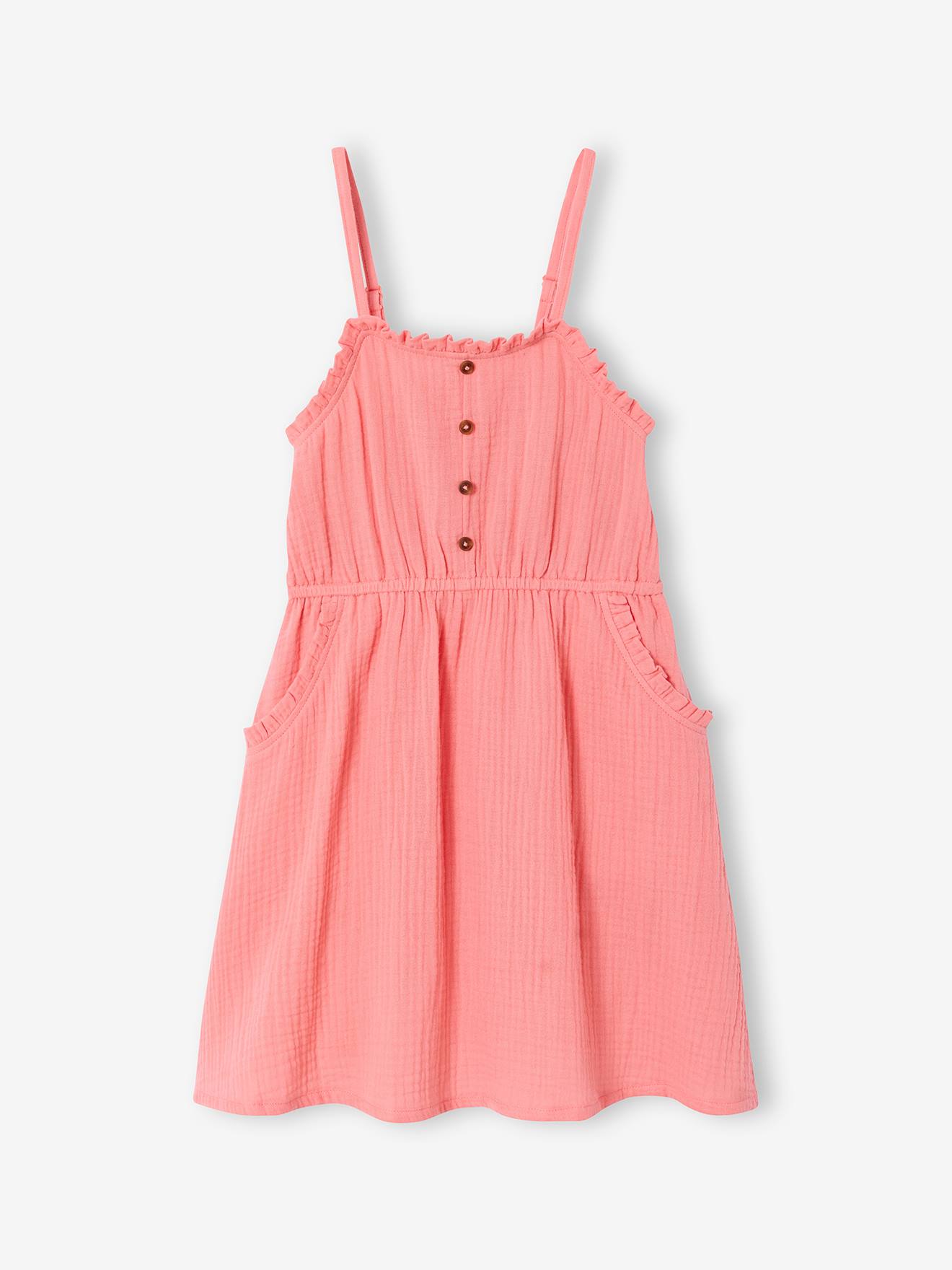 Mädchen Trägerkleid aus Musselin koralle Gr. 134 von vertbaudet
