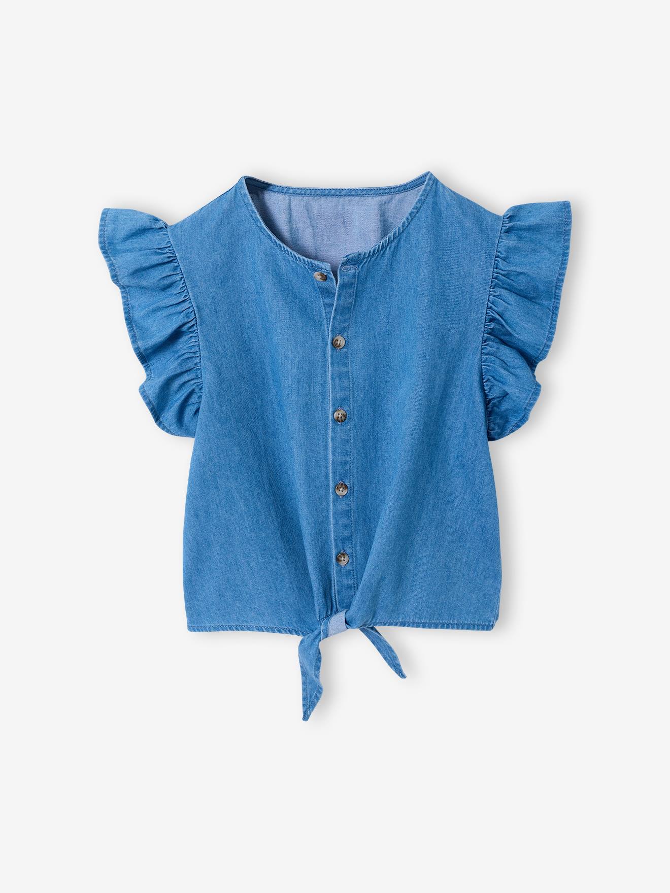Mädchen Jeansbluse zum Binden mit Volantärmeln helles blau Gr. 98/104 von vertbaudet