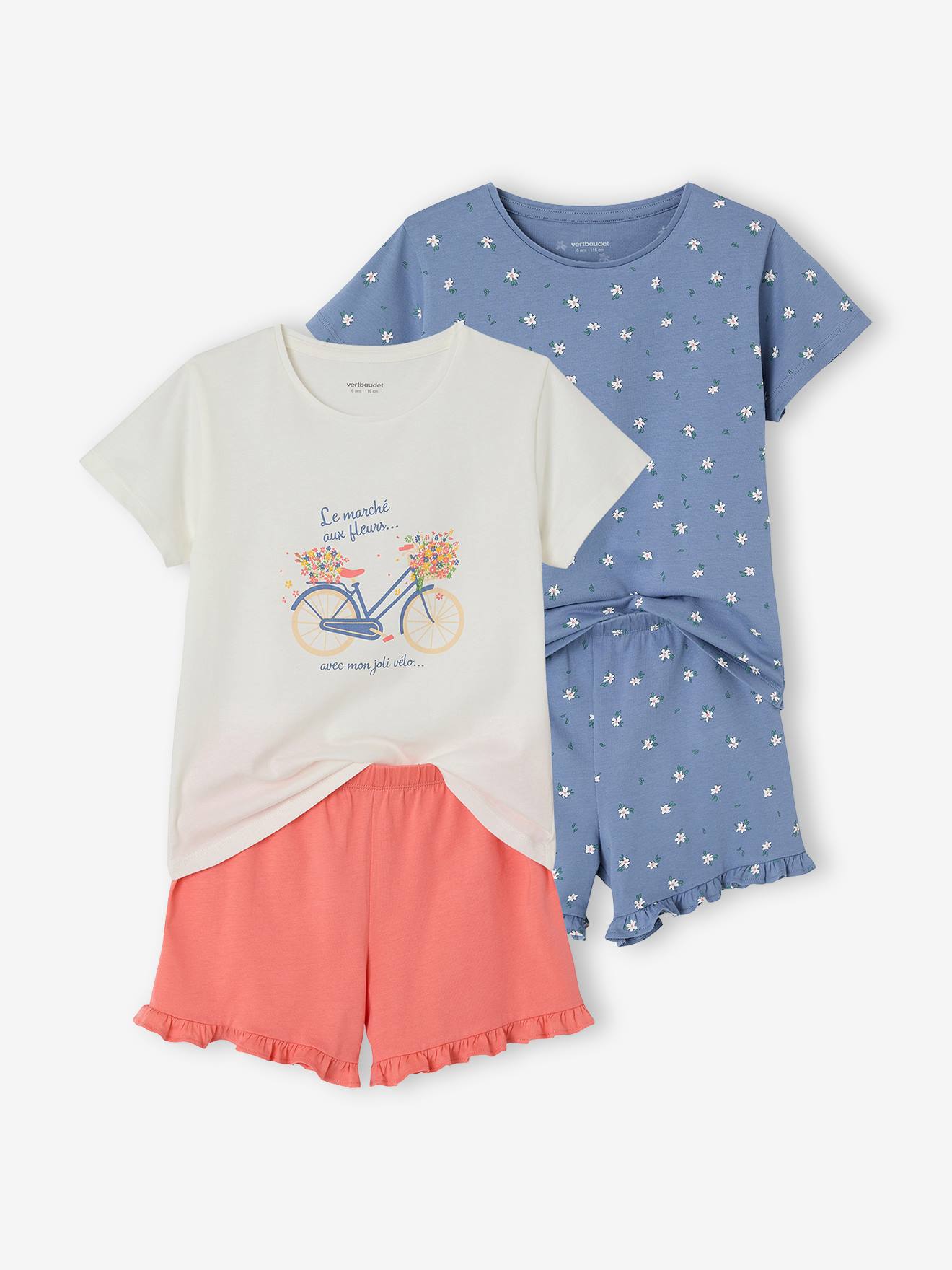 2er-Pack kurze Schlafanzüge Fahrrad mit Blumen Mädchen, Recycling-Baumwolle blau Gr. 86 von vertbaudet