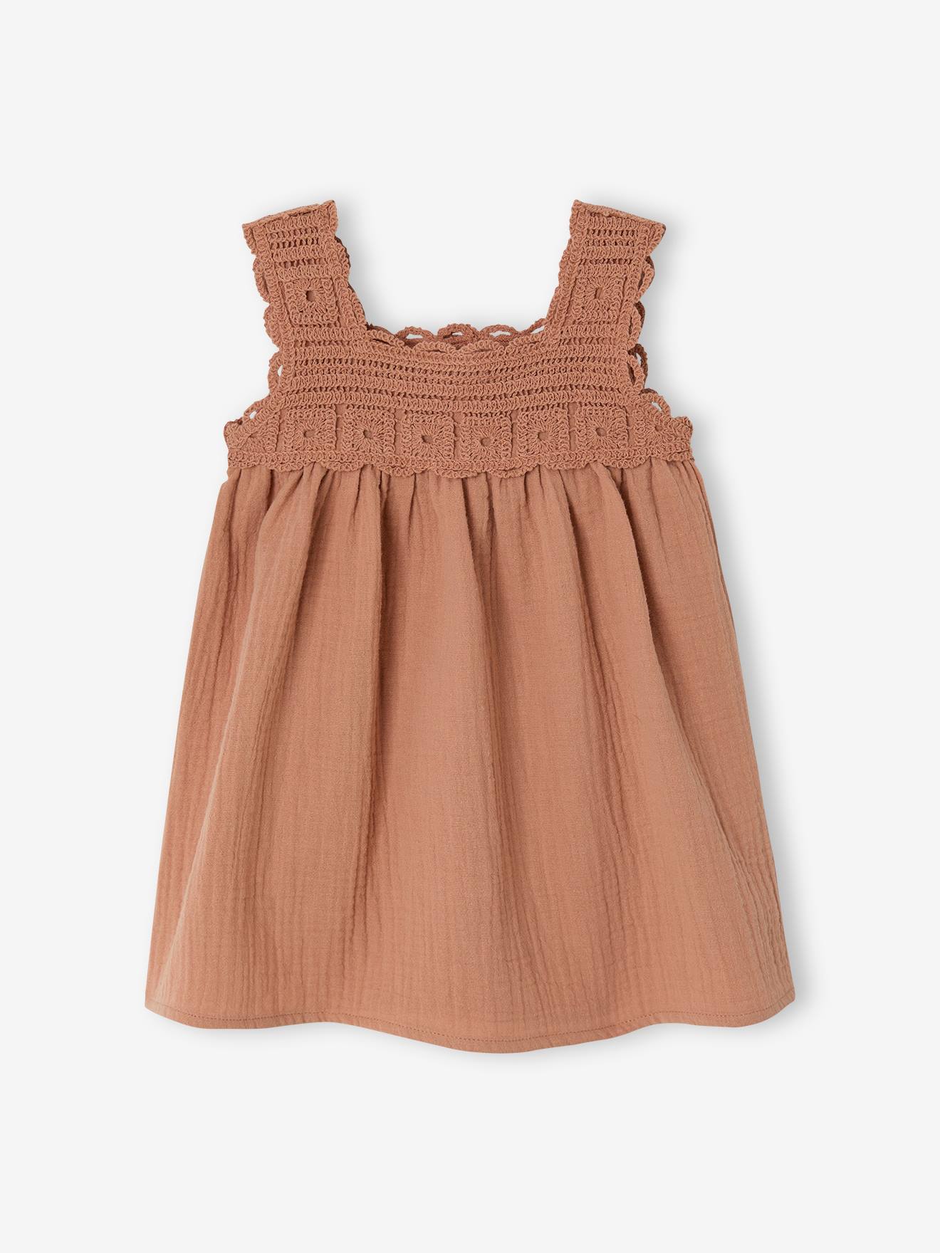 Baby Musselin-Kleid mit Häkeloberteil