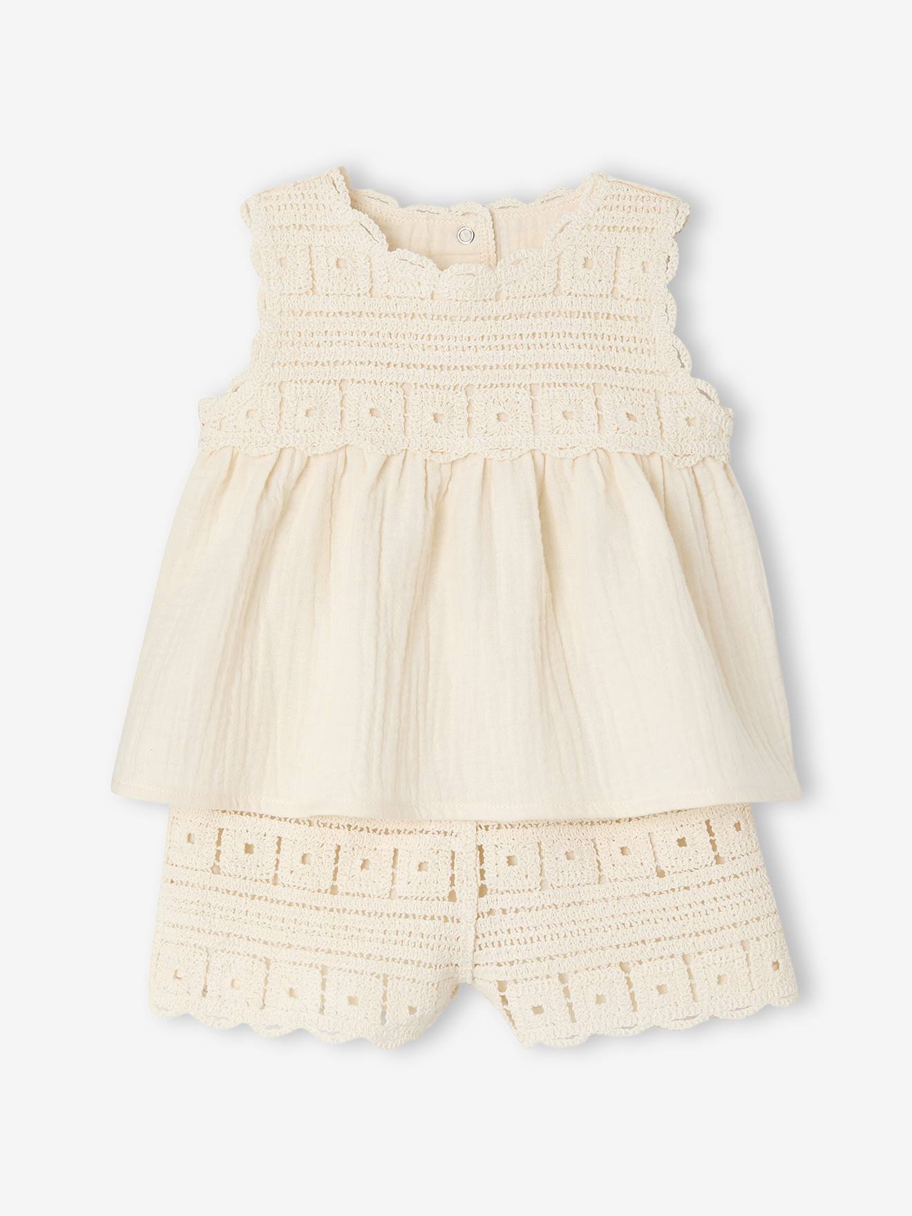 Baby-Set aus Top & Shorts mit Häkelspitze wollweiß Gr. 80 von vertbaudet