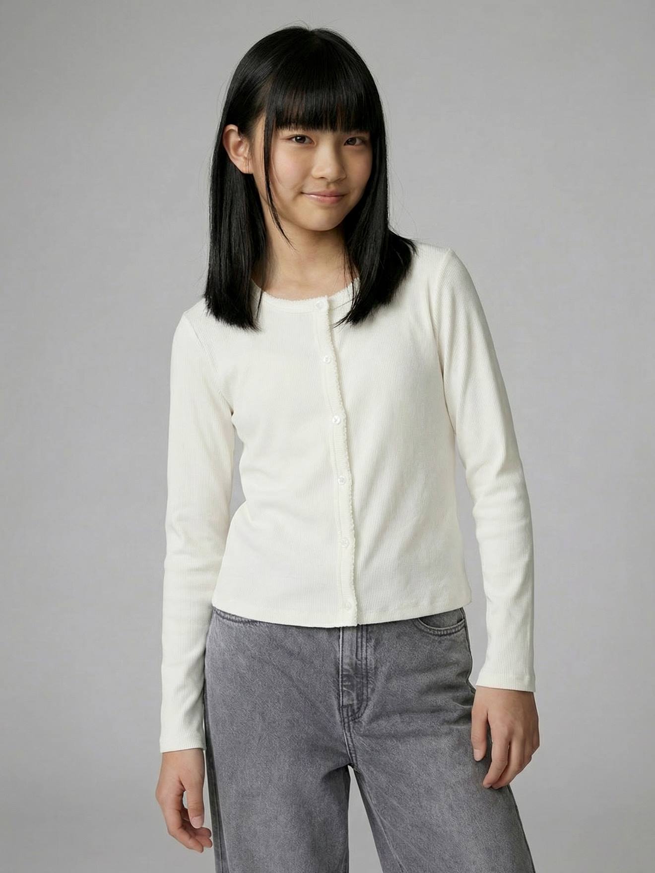 Langarmshirt mit Knopfleiste & Picotkante, Ripp Mädchen JONEN wollweiß Gr. 158