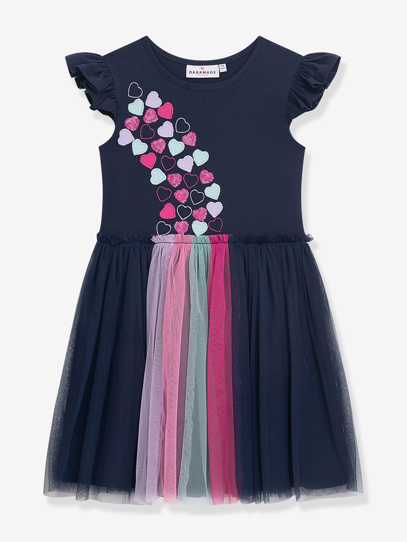Kleid mit Rüschenärmeln & Tüllrock Mädchen, Herz-Applikation DANAMADE blau Gr. 134