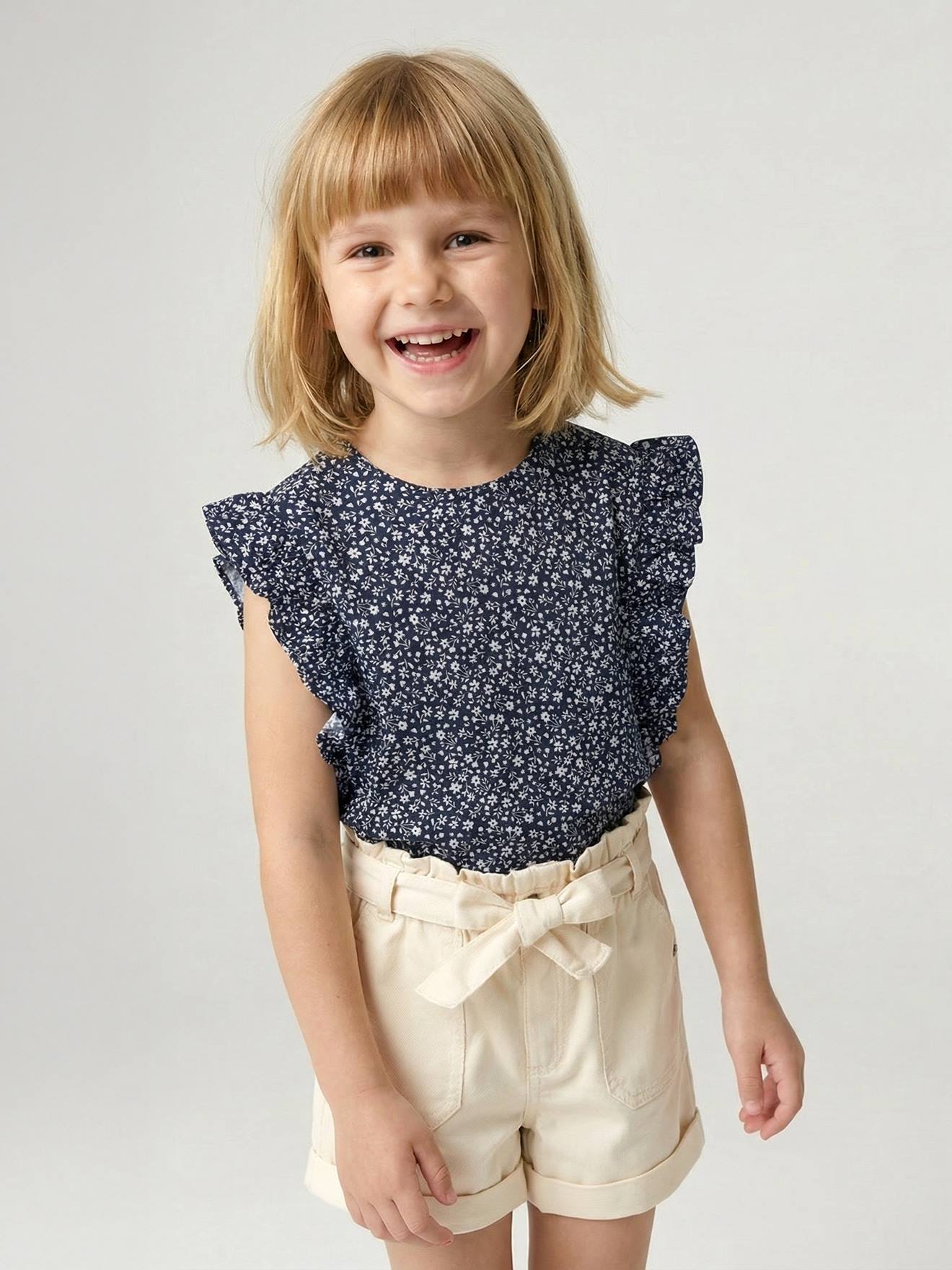 Vertbaudet Mädchen Top Mit Volants Und Blumenmotiven Marine 98/104