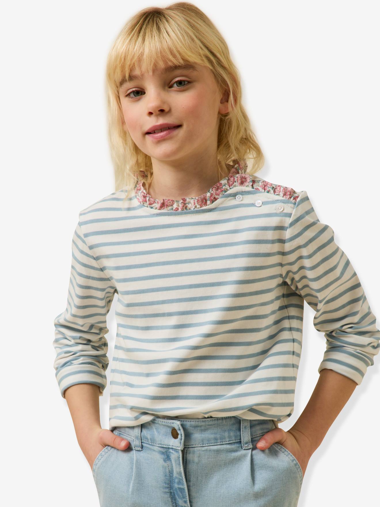 Thumbnail - Langarm-Ringelshirt Mädchen CYRILLUS hell.