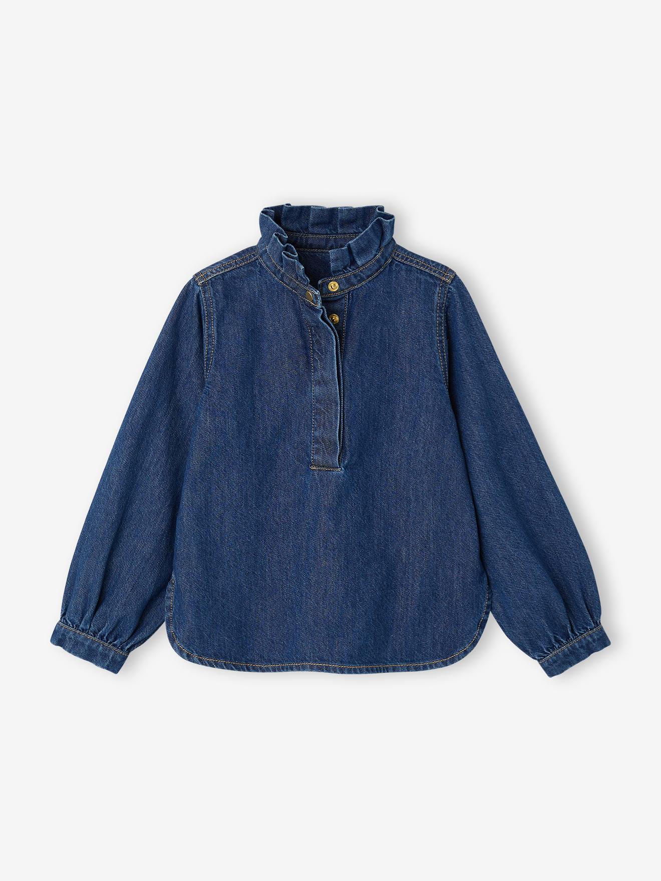 Mädchen Jeansbluse mit Volant-Stehkragen Mama-Tochter-Capsule hellblau Gr. 146/152