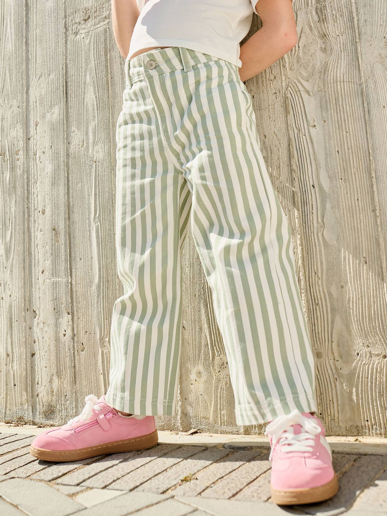 Vertbaudet Gestreifte Hose Mädchen Salbeigrün 98/104