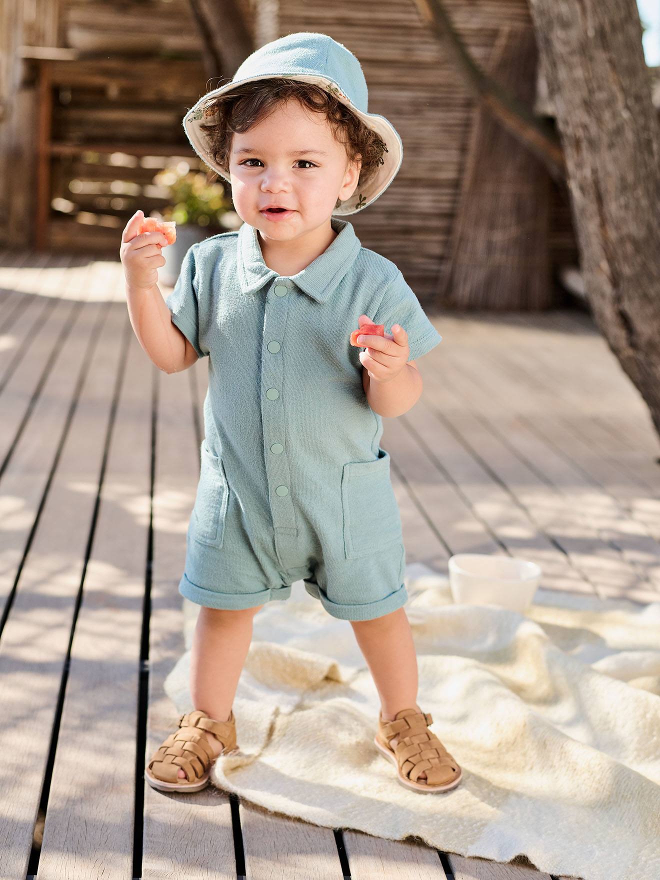 Baby-Set aus Kurzoverall & wendbarem Sonnenhut aus Frottee smaragdgrün Gr. 92/98 von vertbaudet