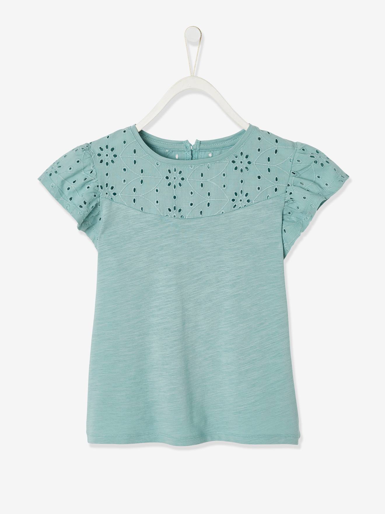 Mädchen T-Shirt mit Volantärmeln und Lochstickerei