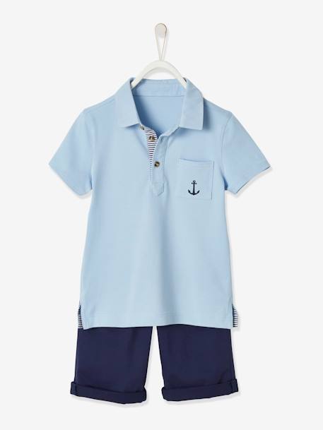 Festliches Jungen-Set: Poloshirt und Shorts - blau+marine+marine+hellbeige - 1