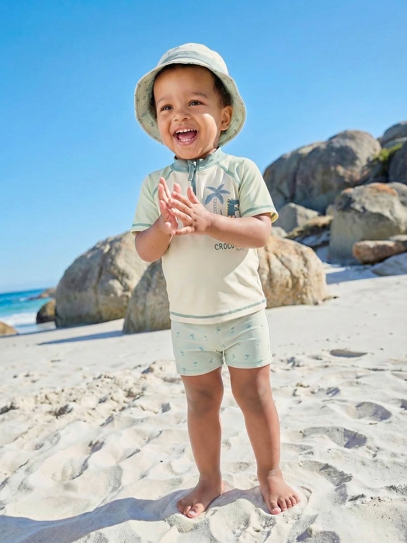 Baby Bade-Set: UV-Badeshirt, Badeshorts & Sonnenhut mintgrün Gr. 92/98 von vertbaudet