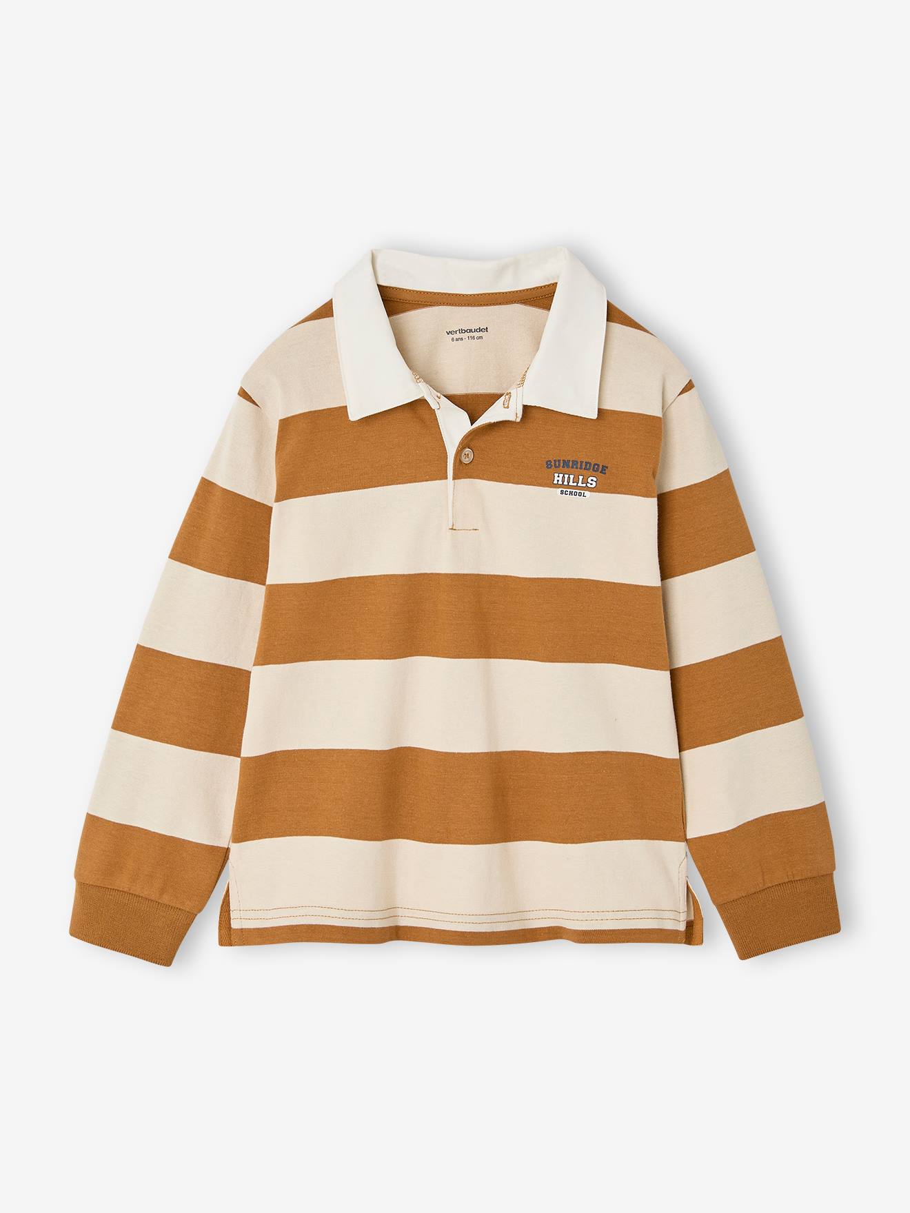 Gestreiftes Jungen Langarm-Poloshirt mit Kontrast-Kragen ocker