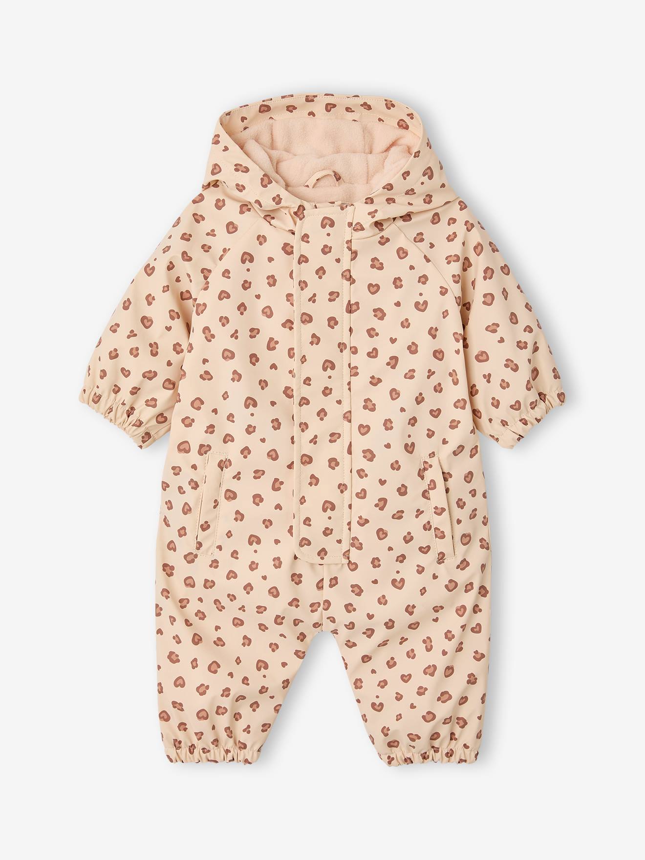 Bedruckter Baby Regen-Overall mit Fleecefutter und Kapuze vanille leo