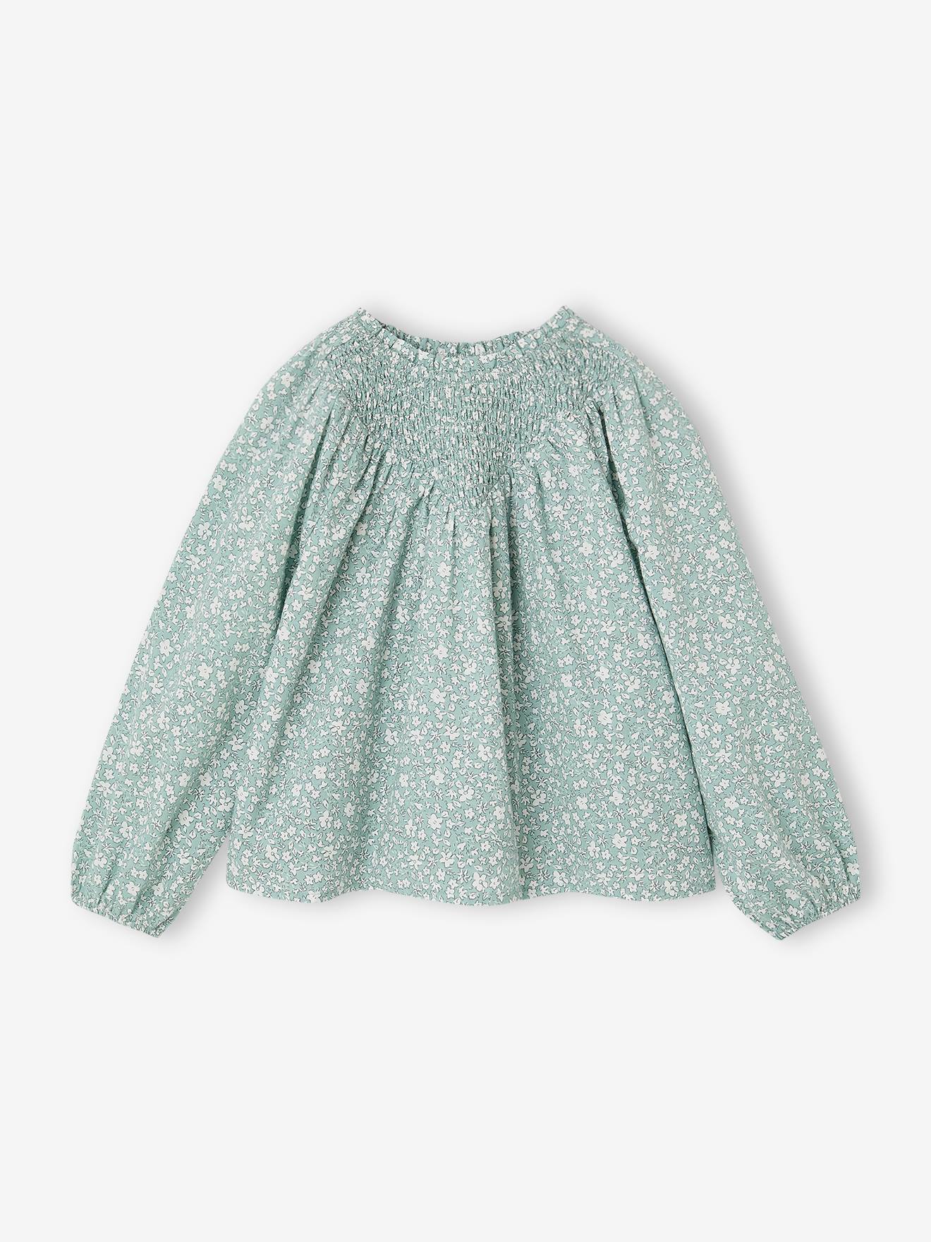 Bluse Mädchen mit gesmokten Ausschnitt und Rüschenkragen salbei