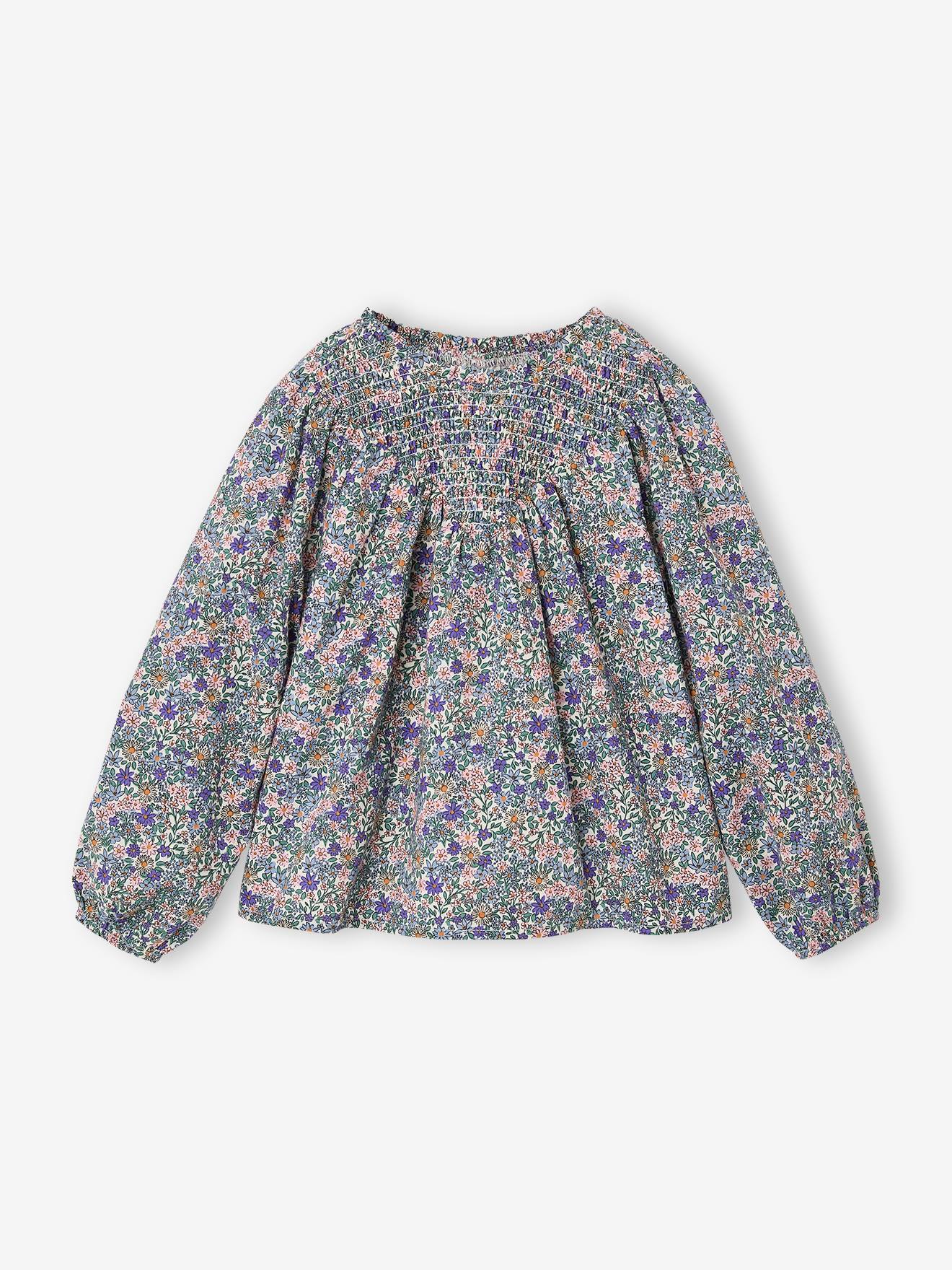 Bluse Mädchen mit gesmokten Ausschnitt und Rüschenkragen elfenbein