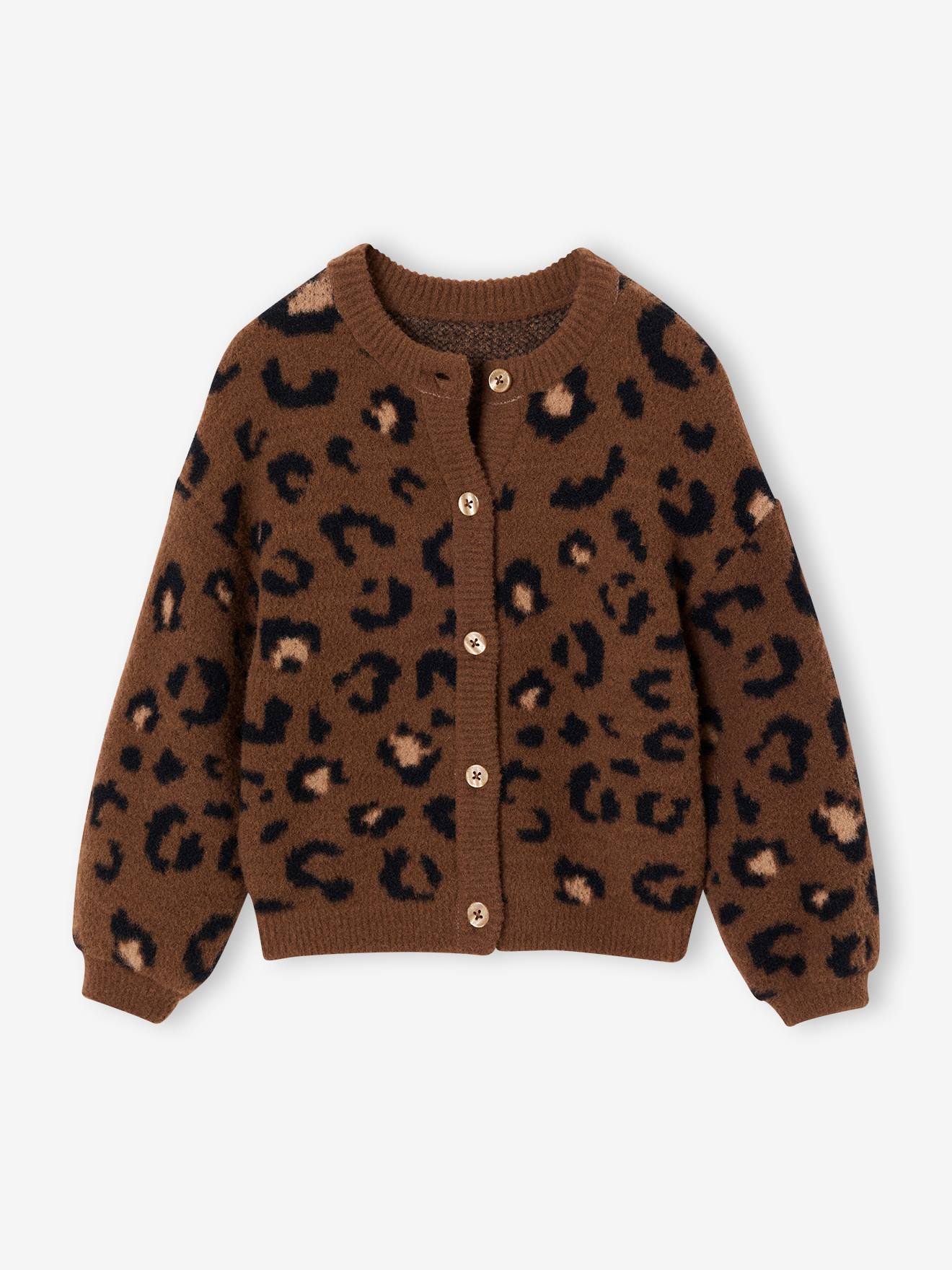 Flauschige Mädchen Strickjacke mit Tiermuster leo
