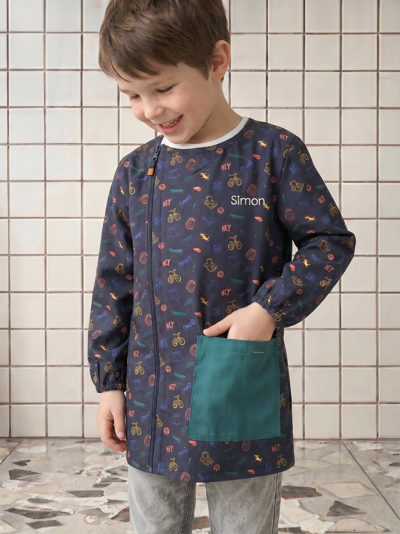 Kinder Malkittel mit Allover-Print und Reißverschluss personalisierbar