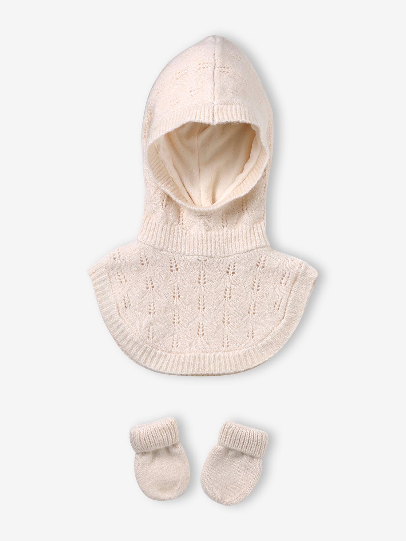 Baby-Set mit Schalmütze und Fäustlingen in Ajourstrick