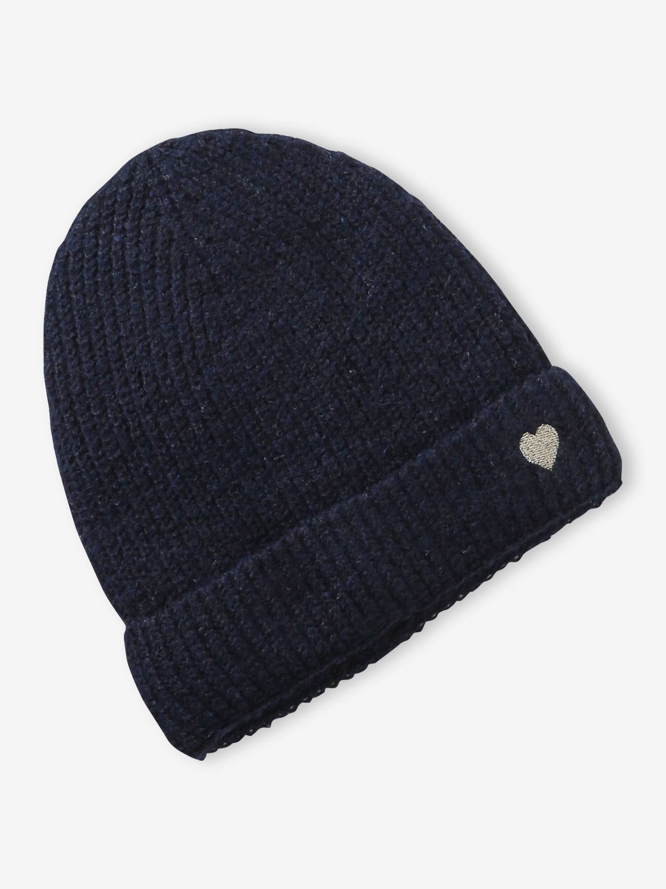 Strickmütze Mädchen Rippstrick mit Herzstickerei