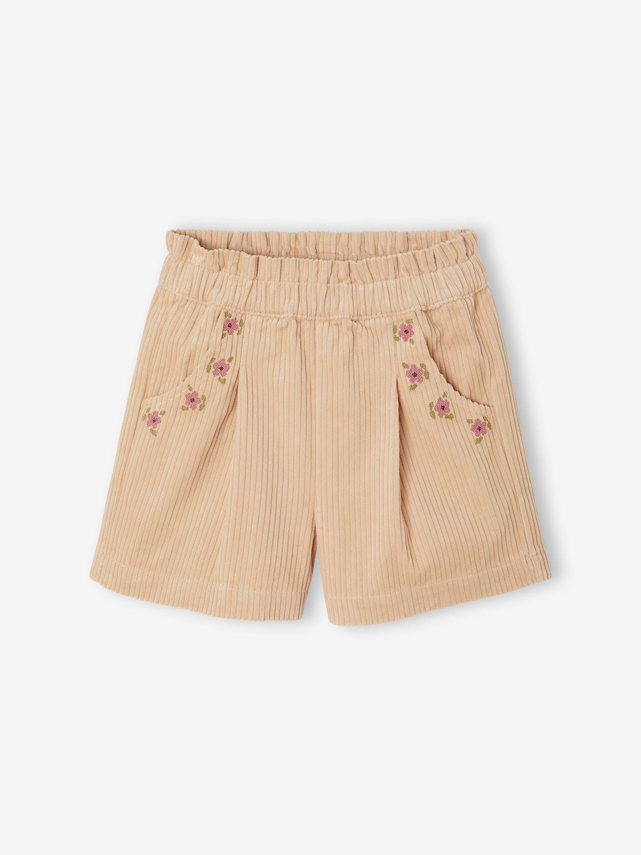 Cord-Shorts mit Blumenstickerei