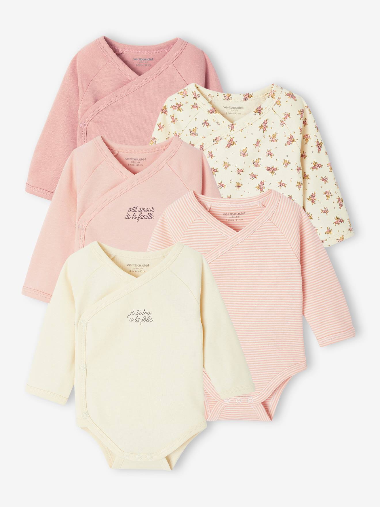 5er-Pack Baby Wickelbodys mit langen Ärmeln hell