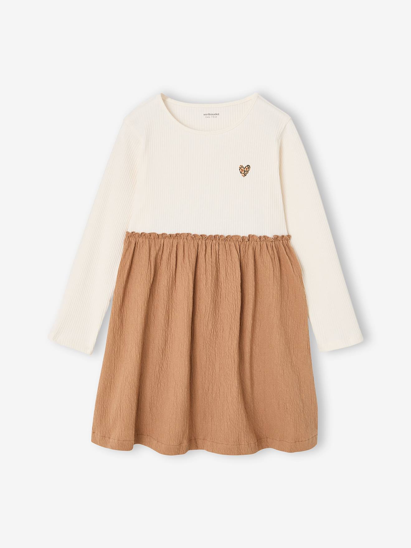 2-in-1 Kleid mit langen Ärmeln Crinkle-Effekt und Ripp Mädchen camel