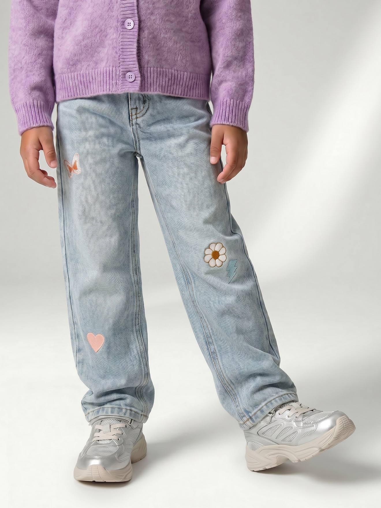 Mädchen Mom-Fit-Jeans mit Blumenstickerei