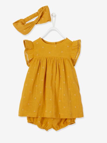 Mädchen Baby-Set: Kleid, Spielhose und Haarband - dunkelrosa bedruckt+senfgelb bedruckt - 9