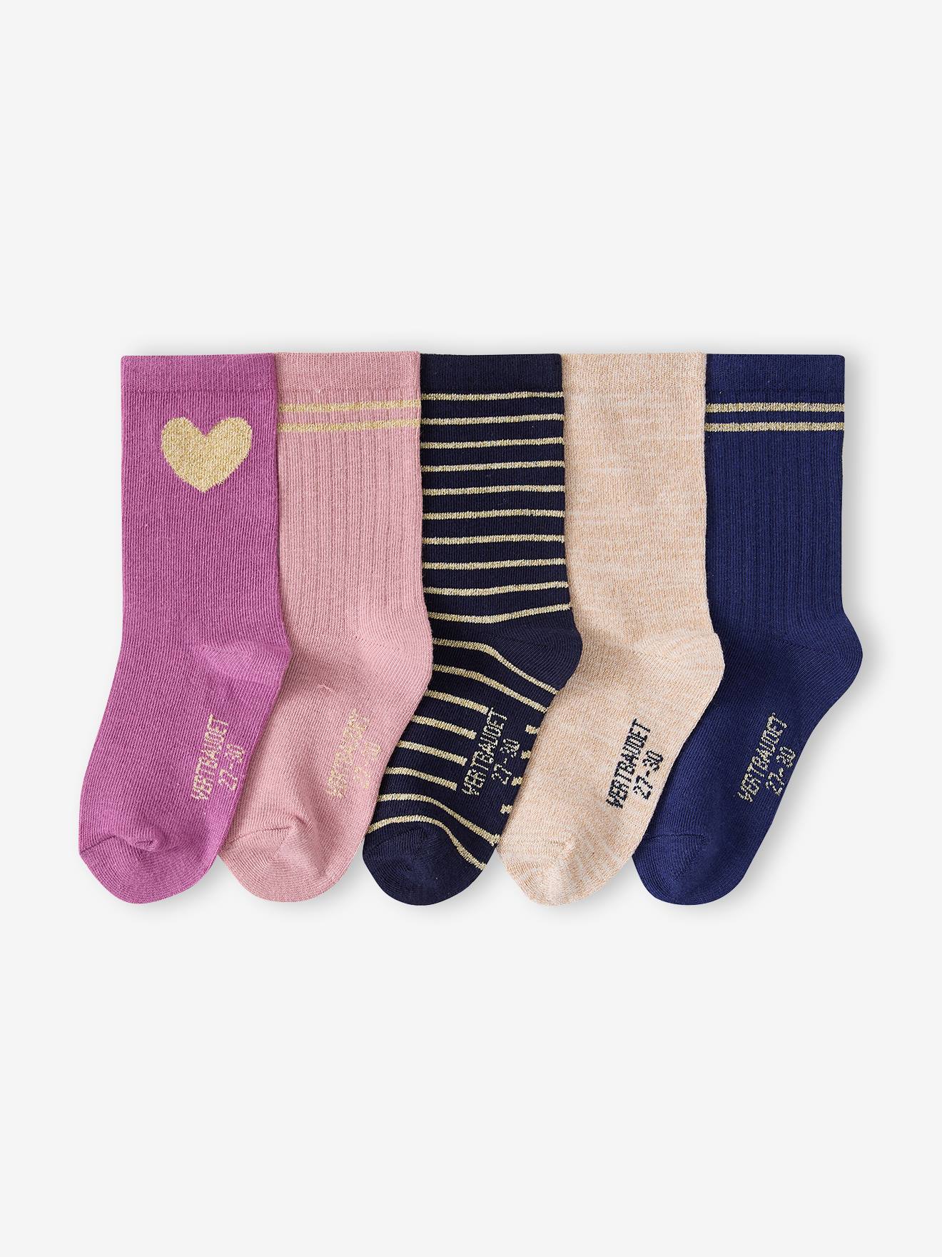 5er-Pack Socken Mädchen mit Glitzereffekt und Herzmotiv