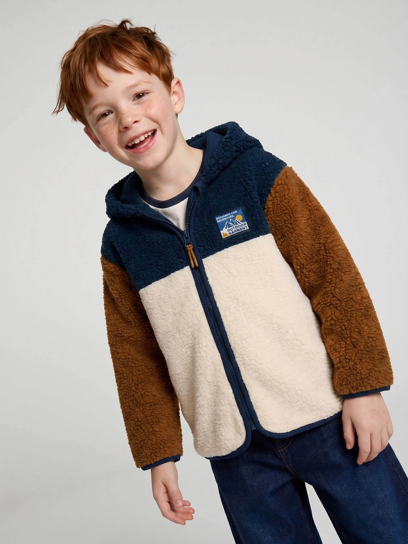 Jungen Teddyfleecejacke mit Kapuze Colorblock-Look