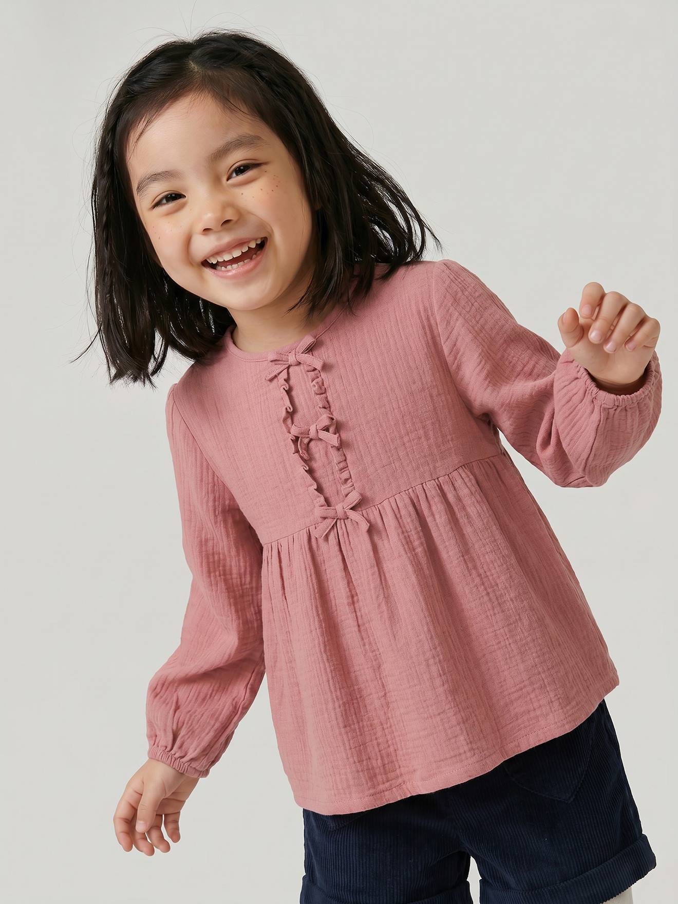 Musselinbluse Mädchen mit Schleifen Langarm blush