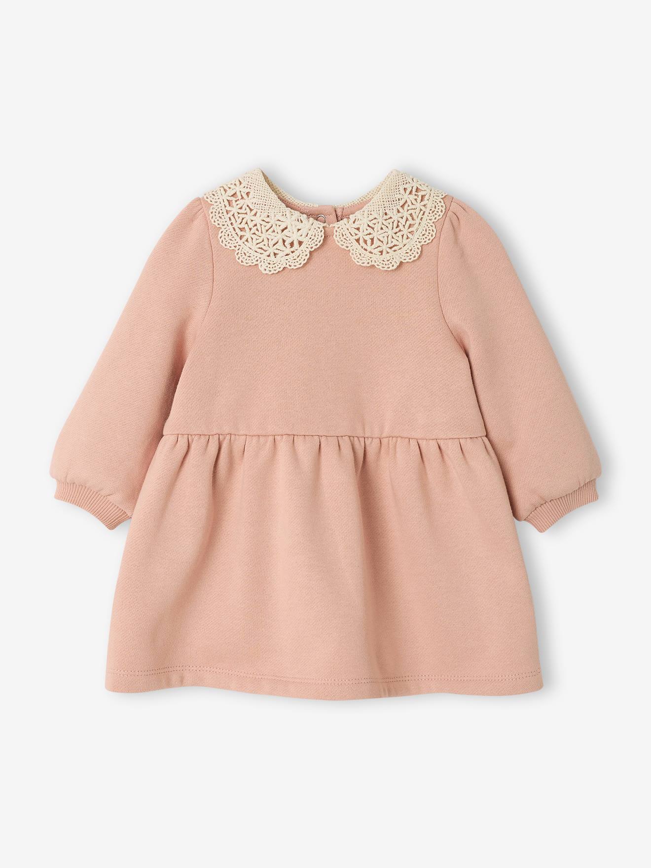 Mädchen Baby Sweatkleid mit Häkelkragen pudrig
